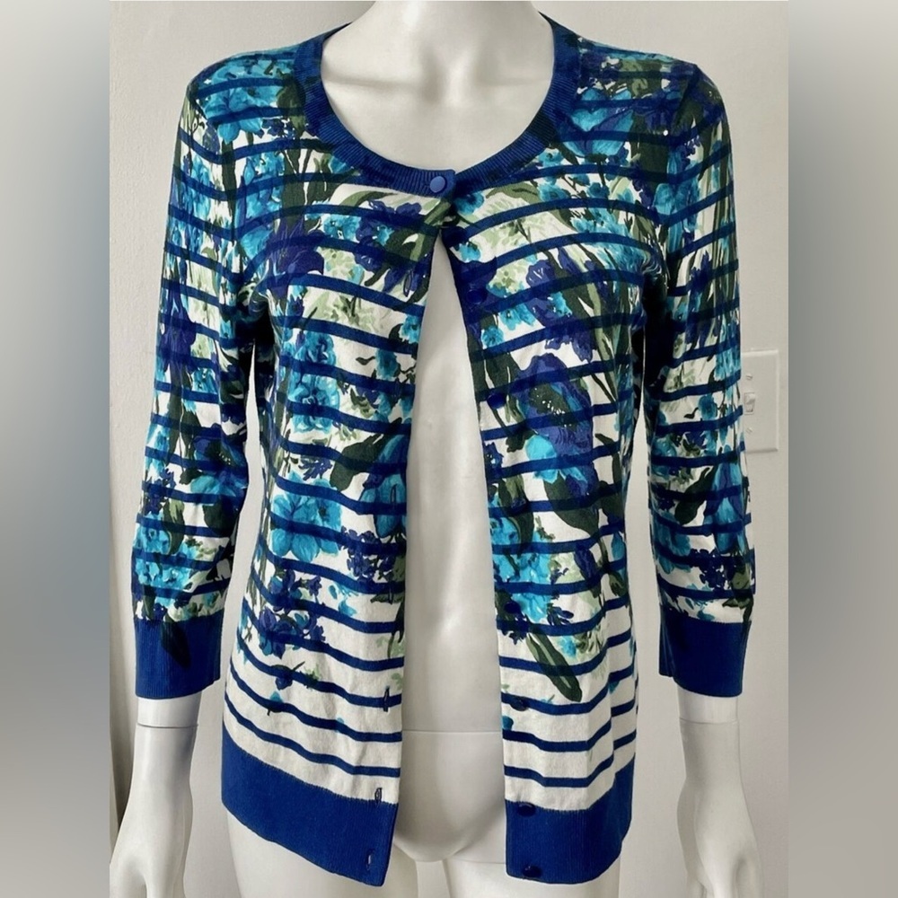Talbots Cardigan Blue Stripe Floral Cotton 3/4 Sleeve Size Large Lightweight
